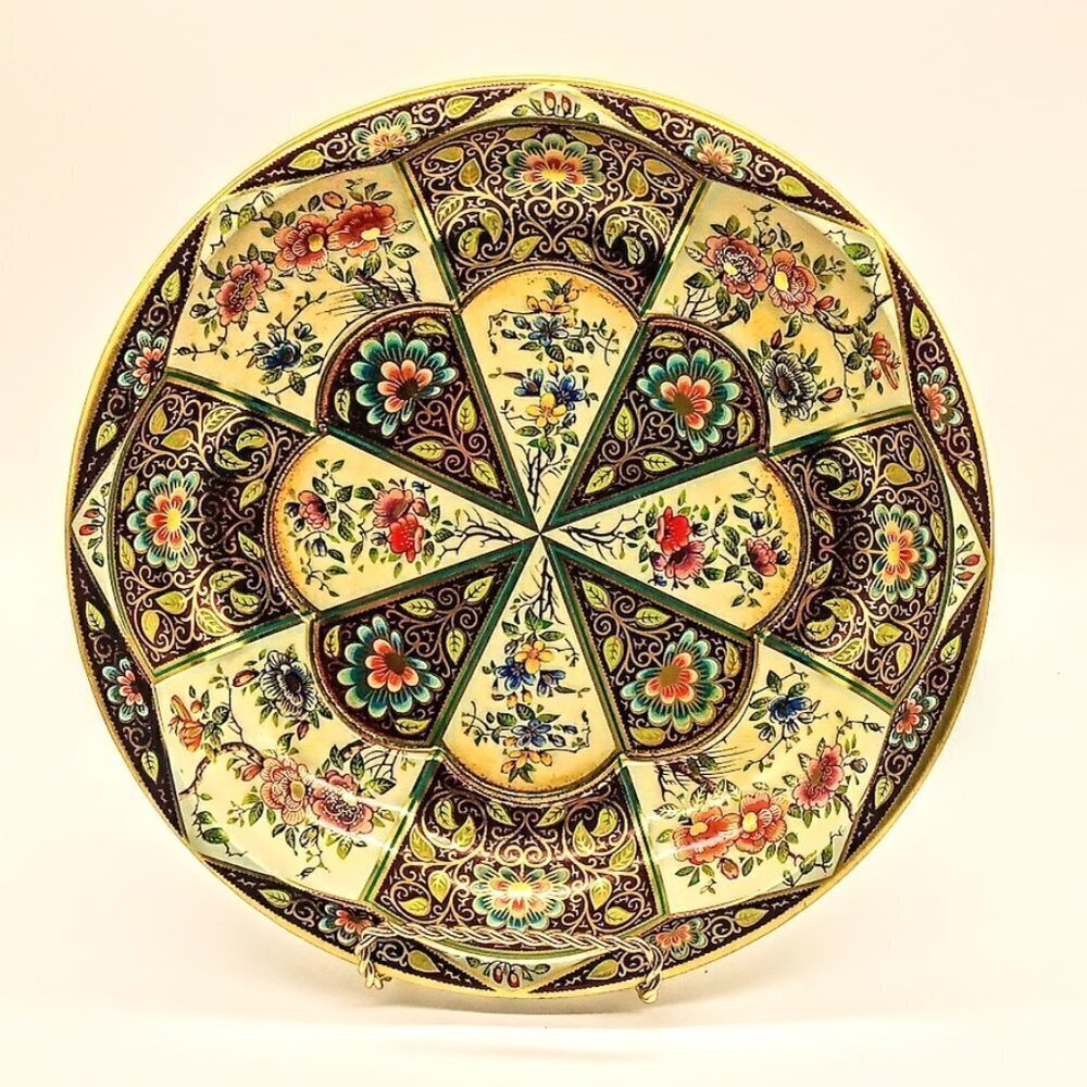 Vintage Daher Multicolor Floral Scalloped Gold Metallic Tin Metal Bowl